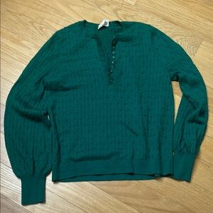 Sezane Green V-Neck Sweater with Button Detail